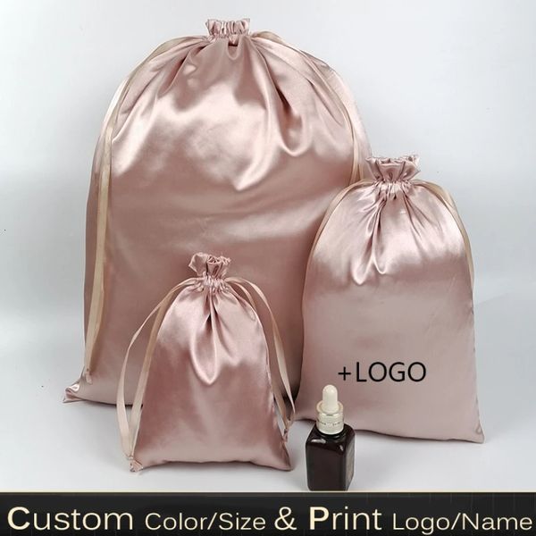 20 pçs rosa ouro seda presente sacos de cetim cordão bolsa maquiagem sapatos roupas virgem cabelo peruca cosméticos embalagem saco de armazenamento impressão 240322