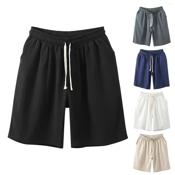 Shorts masculinos retro respirável algodão linho cinco partes calças casuais sólido harajuku moda solta juventude estilo japonês