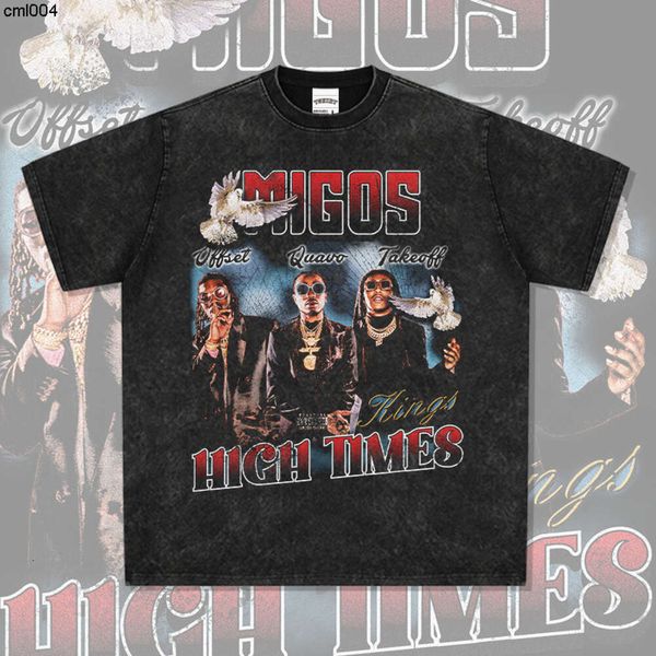 Hip Hop Team Migos Impresso American Street Manga Comprida Curta Lavada Antiga Marca de Moda T-shirt {categoria}