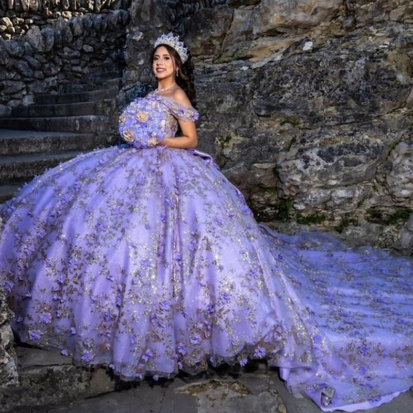 Brillante Quinceanera-Kleider, Glitzer-Pailletten-Spitze, süßes 15-Kleid zum Geburtstag, schulterfreies 3D-Blumen-Abschlussballkleid für mexikanische Mädchen
