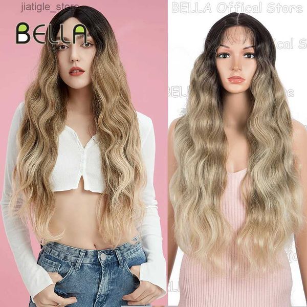 Perucas sintéticas Bella Honey Blonde Bode Body Wavy Lace Wig Sintético para Mulheres 13 polegadas Lace Hairle Rainbow Wigs Média Parte do calor Fibra Y240401