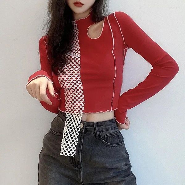 T-shirt da donna Colore a contrasto Rosso Top Slim Body Irregolare Patchwork T-shirt a maniche lunghe 2024 Autunno Inverno Donna Magliette solide