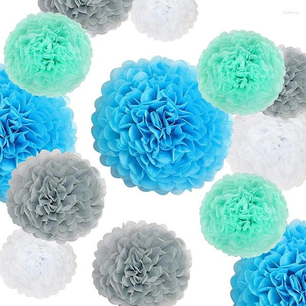 Partydekoration 20 Stück Tissue Pom Poms DIY Papierblume Mint Weiß Blau für Babyparty Geburtstag Hochzeit Halloween Gefallen