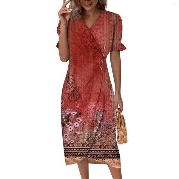 Abiti casual da spiaggia per le donne Primavera Estate Elegante avvolgente con scollo a V Abito boho floreale Flowy increspato hawaiano Maxi alla moda