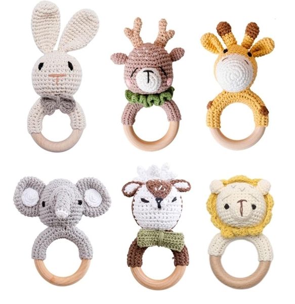 1pc Baby Massaggiagengive Sonagli musicali per bambini Animale Crochet Sonaglio Elefante Giraffa Anello Neonati in legno Palestra Montessori Giocattoli per bambini 227324732