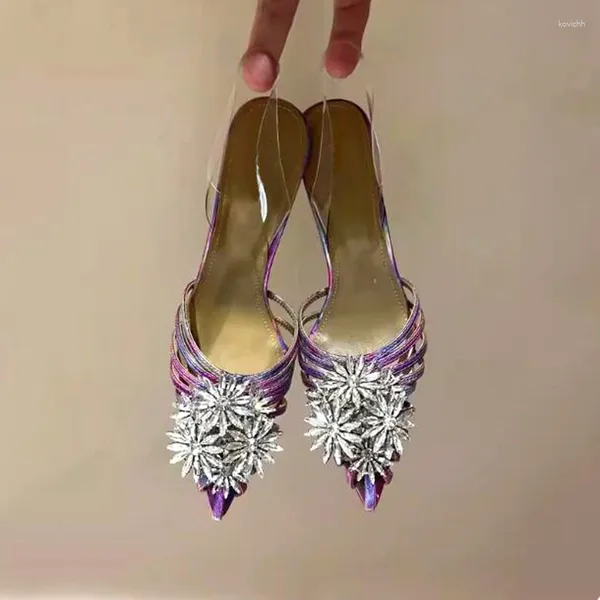 Scarpe eleganti Crisantemi di cristallo scintillanti Sandali con cinturino Ritaglio Punta a punta Donna Estate Strass Fiore Tacchi alti sottili Festa