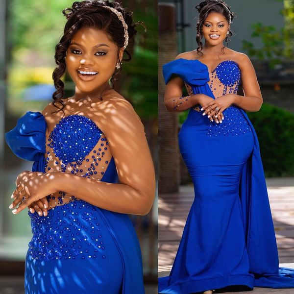 Blue Aso Ebi Meerjungfrau Abschlussball Kleid Perlen Satin Abend formelle Party zweite Rezeption Die Geburtstagsverlobungskleider Kleider Robe de Soiree zj es