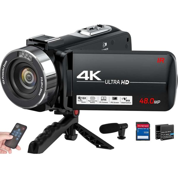Cattura splendidi video 4K Ultra HD con questa videocamera per vlogging da 48 MP per YouTube |Zoom digitale 16X, schermo 30IPS, controller microfono esterno, 2 batterie incluse