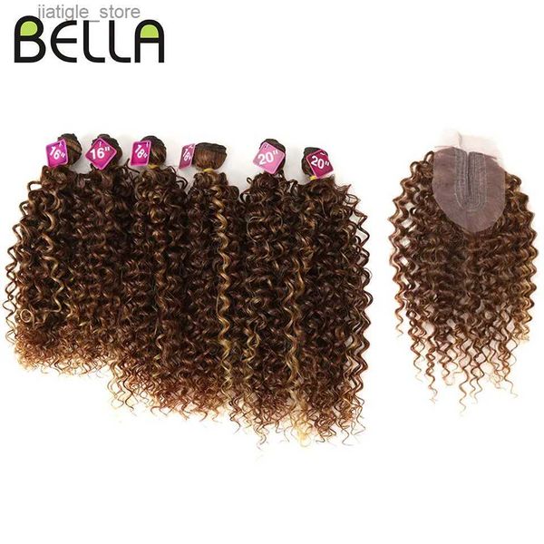 Синтетические парики Bella Afro Kinky Curly Synthetic Hair 6 пучков с 1-сантилогом 7pcs/лот Ombre Color 16-20-дюймовый кудрявые пакеты Y240401