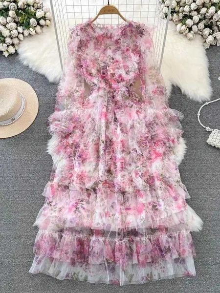 Temel gündelik elbiseler 2024 Moda Muhteşem Çiçek Örgüsü Çürekçilik Fırlatma Elbise Kadın Stand Butterfly Sleep Pembe Çiçek Baskı Peri Maxi Vestido YQ240402