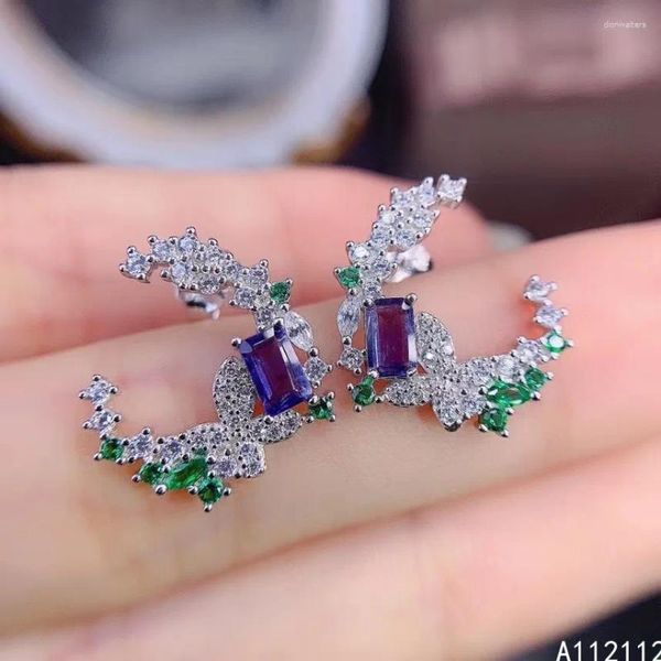 Stud Cuping Fine Jewelry 925 Doğal Gem Kadınların Zarif Dikdörtgen Tanzanit Kulak Desteği ile Gümüş İçinde