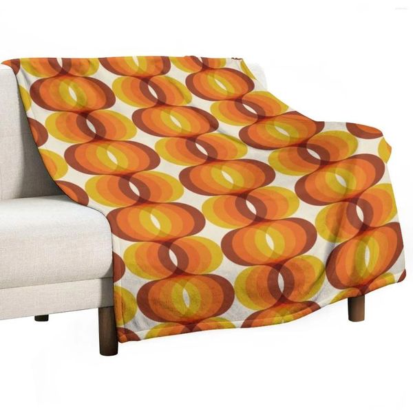 Decken, Orange, Braun und Elfenbein, Retro-Wellenmuster der 1960er Jahre, Überwurf, Decke, kariert, auf dem Sofa, luxuriös