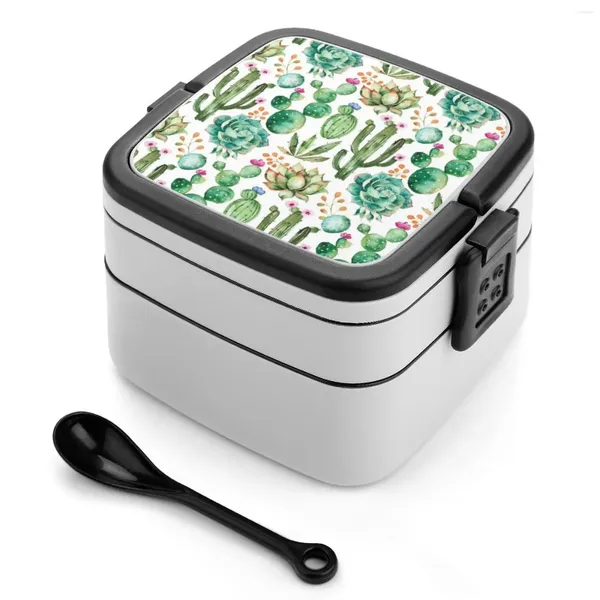 Louça aquarela cacto padrão dupla camada bento caixa salada portátil piquenique cactos flor