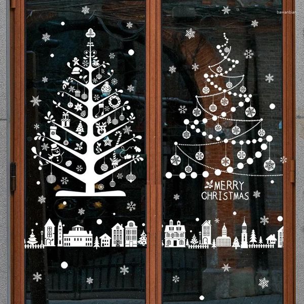 Adesivi per finestre Albero di Natale bianco Parete intonacata Porta in vetro del fumetto Decorato Decorazione natalizia bifacciale Pellicola per casa di neve