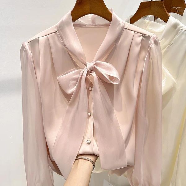 Camicette da donna Camicetta elegante con fiocco da donna Manica lunga in organza Chffion Patchwork Primavera Autunno Top coreano Camicie bianche rosa