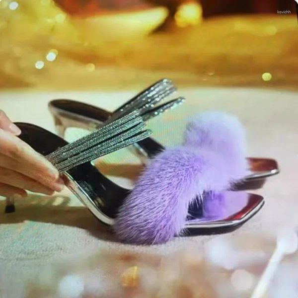 Модельные туфли Бело-фиолетовые шлепанцы с веревочным ремешком и квадратным открытым носком Сандалии на высоком каблуке-шпильке Сандалии с открытой пяткой Sandalias Zapatos Woman