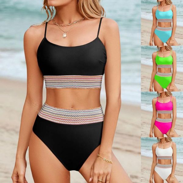 Damen-Badebekleidung, Bikini-Sets, 2-teiliger, hoch taillierter Badeanzug, U-Ausschnitt, verstellbare Spaghettiträger, Badeanzug, Bade-BHs für Frauen