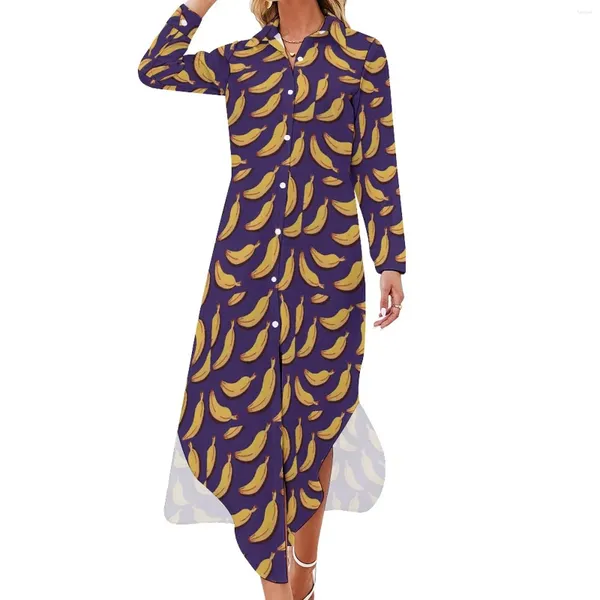 Lässige Kleider, Bananen-Print-Kleid, gelb, lila, stilvoll, sexy, V-Ausschnitt, niedlich, Chiffon, lange Ärmel, Kleidung, große Größe