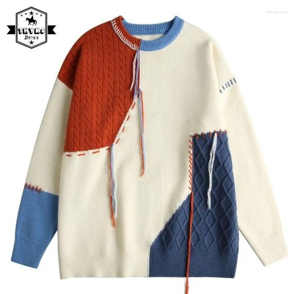 Suéteres masculinos inverno americano retro para homens mulheres retalhos casual solto coreano moda harajuku camisola de malha pullovers unisex