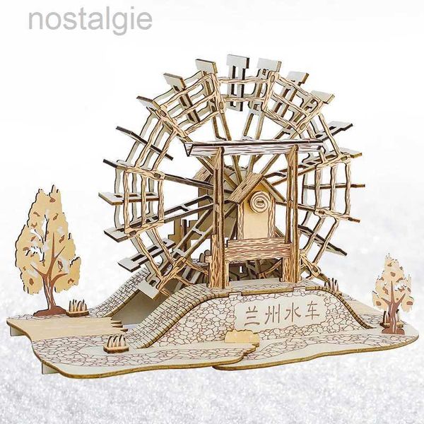 Blocos Lanzhou Waterwheel Puzzles De Madeira 3D Building House Modelo Arquitetura Chinesa DIY Montar Jigsaw Brinquedos Para Crianças Crianças 240401