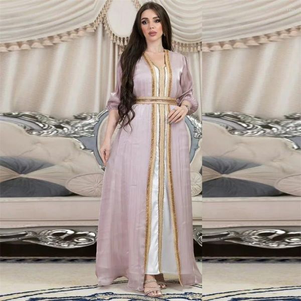 Ethnische Kleidung Marokko Glänzendes Satin Muslimisches Kleid 2-teiliges Set Luxus Abayas Kaftane Abendkleider Frauen Dubai Türkei Islamische Lange Robe