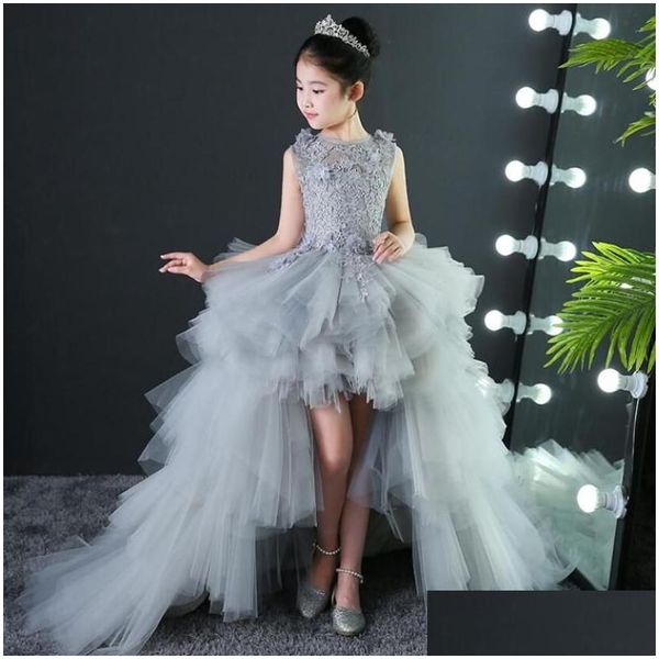 Mädchen Kleider Kinder Mädchen Lange Schleppe Prom Grau Tle Kleider Applikationen Spitze Kinder Abschlusskleid Teen Brautjungfer Robe Drop Lieferung Dhtcu