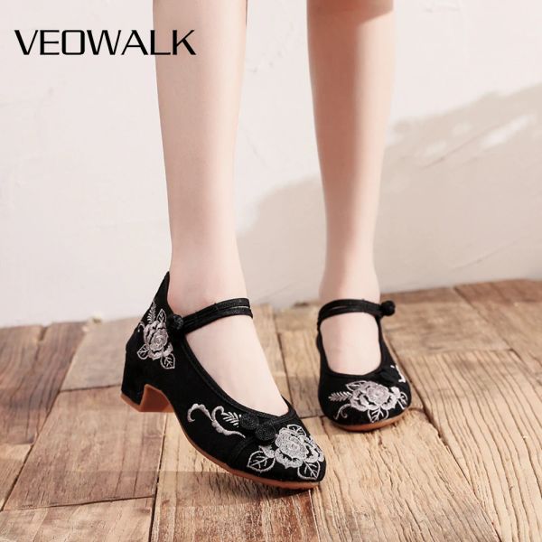 Pompe veowalk Spring Women Women Jacquard Cotton Exmbarry Scarpe a basso tallone comode Ladie retrò casual Mary Jane 4 cm Pompe a blocchi