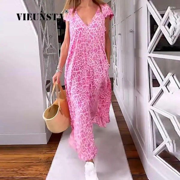 Vestidos de festa verão casual moda leopardo impressão vestido longo mulheres pulôver com decote em v manga curta solta maxi harajuku padrão simples