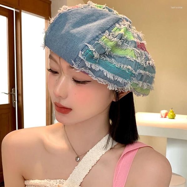 Berets Koreanische Denim Stoff Achteckige Baskenmütze Retro Frau Bunte Muster Maler Kappe Elegante Dame Mode Hüte