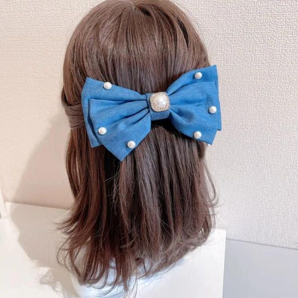 Grampos de cabelo doce azul denim arco requintado menina y2k strass coração barrettes estilo coreano bowknot pérola corda headwear