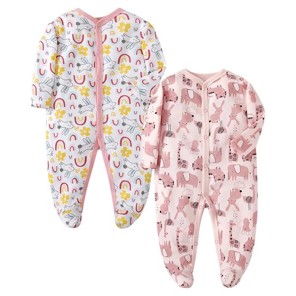 Conjunto de 2 pijamas nascidos de uma peça, 012 meses, bebês, meninas e meninos, pijamas com pés, roupas de algodão da moda, 240325