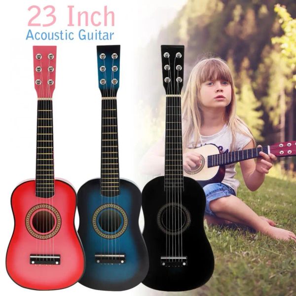 Guitarra 23 polegadas 6 cordas guitarra acústica Basswood preto 12 trastes com guitarra Acessórios de guitarra para crianças para crianças