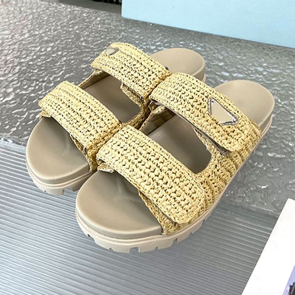 Handgewebte Designer-Slides, Hausschuhe, Plateau-Absätze, Sliders, Mules, Damen, Sommer, Strand, Clogs, Slipper, Zimmersandalen, ausgehöhlte Sandale, flache Sandale, Sandalen, Top-Qualität