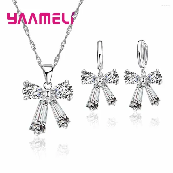 Kolye Küpe Seti Bowknot Şekimi Pure 925 STERLING Gümüş Kadınlar Düğün Kristal Kolye Çember