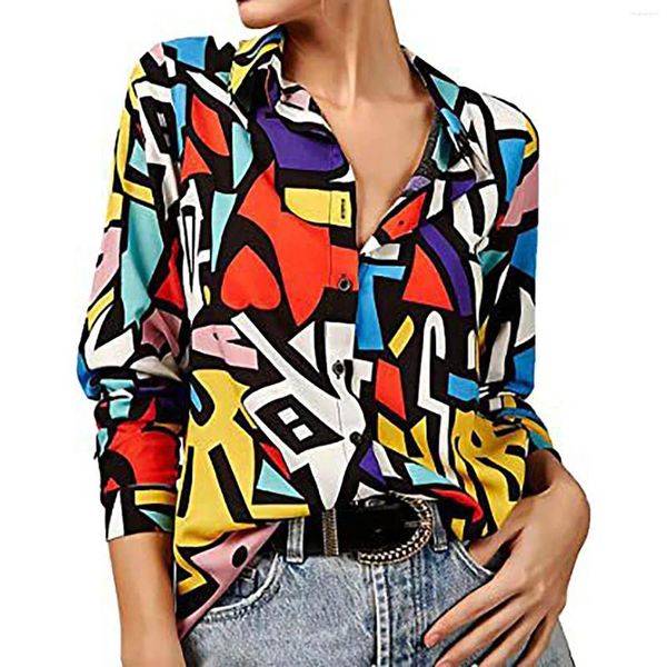 Blusas femininas camisas florais para impressão geométrica colorblock botão aberto camisa oversized overshirt trabalho escritório-senhora formal wear