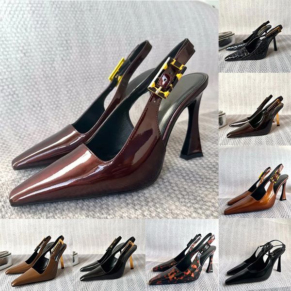 Designer Leopard Heels Dress Shoes LEE Mirror Patent leather Slingback Pointed toe Sandals Stiletto heel pumps Leather sole Women's luxury Shoes