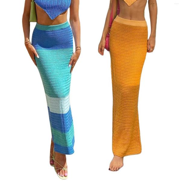 Oco para fora crochê malha praia saias longas para mulheres cintura alta fino ajuste verão envolto sarong bodycon beachwear cover-ups