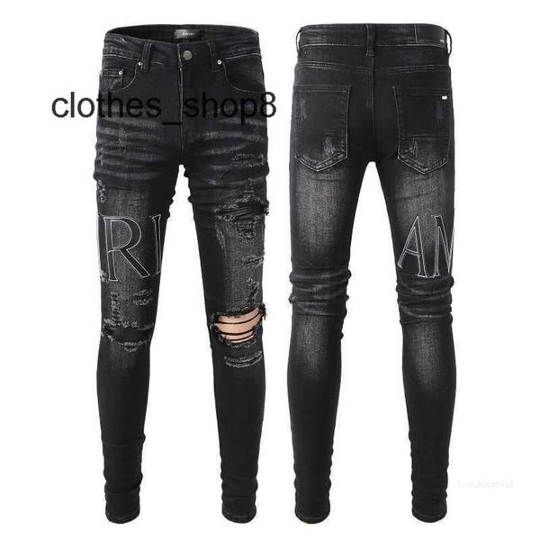 Denim amiirs jeans designer calças homem outono 2024 novos homens preto quebrado bordado remendo elástico magro ajuste leggings ef8z