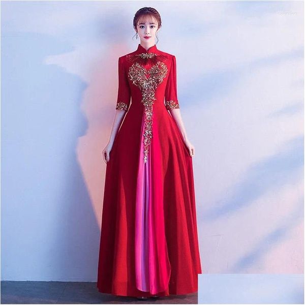 Ethnische Kleidung im chinesischen Stil weibliches Qipao-Abendpartykleid Chorus Performance Halbarm Patchwork Vestidos de Festa Plissee Drop OT2GV