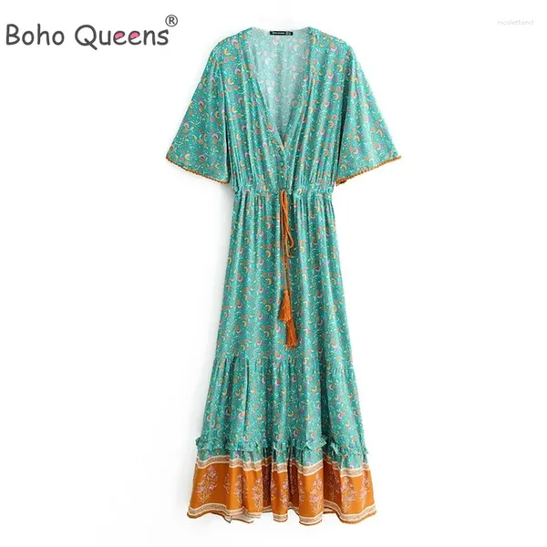 Бальные платья Boho Queens Модные женские туфли с цветочным принтом Глубокий V-образный вырез с кисточками Пляжное богемное платье макси Халат Женское летнее платье Vestido