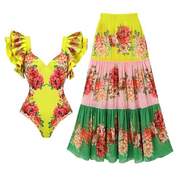 Mulheres Swimwear Uma Peça Mulheres Maiô Biquíni Maxi Saco De Esqui 2 PCS Floral Impressão Maiô Cintura Alta Controle De Barriga Terno De Praia J240330