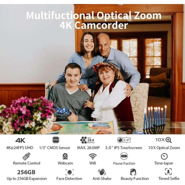 Filmadora com câmera de vídeo 4K com zoom óptico de 10X, WiFi, foco automático, tela sensível ao toque, controle remoto - filmadora UHD profissional para vlogging e criação de conteúdo digital