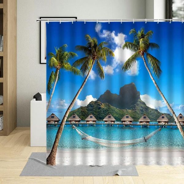 Chuveiro cortinas verão dia seaside férias rede cortina areia praia coqueiro com gancho banheiro casa decorativa à prova dwaterproof água