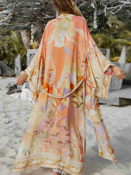 Основные повседневные платья Женские платье платье крышка V-образного вырезок Hool Peacock Print Kimono Thin Kacke Tops Tops Summer Beach Bohemia Holiday 2023 YQ240402