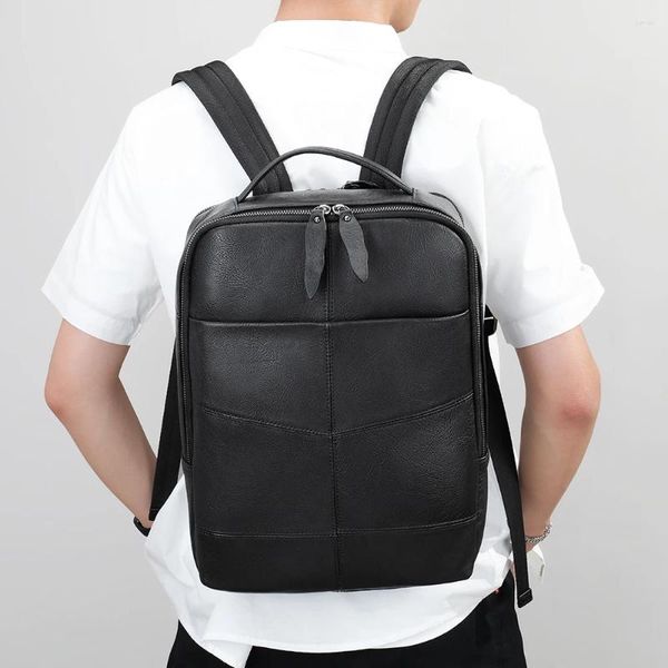 Mochila de couro preto portátil bolsa de ombro homens crossbody mensageiro sacos backbags bolsa masculino negócios casual escola menino