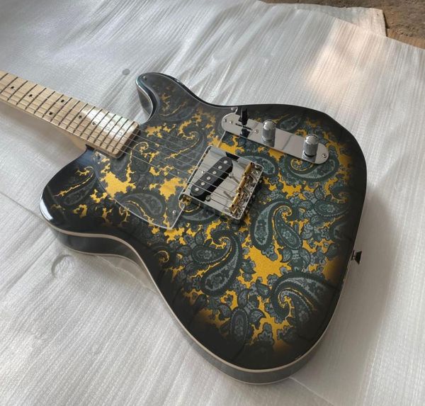 Rare Crook Brad Paisley Signature Chitarra elettrica in oro nero Dual White Body Binding Manico in acero Tastiera trasparente P4423628