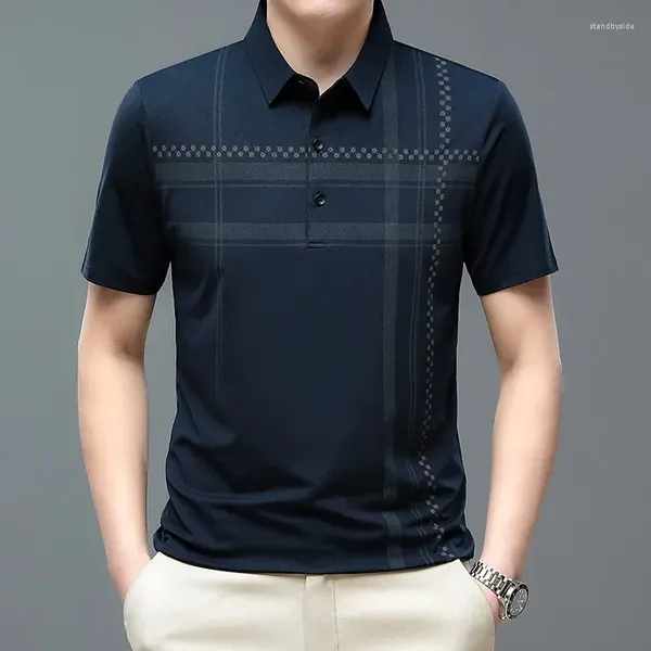 Erkek Polos 2024 Moda Çizgili Polo Gömlek Kısa Kollu Serin Yaz Gevşek Uyum Erkek Kore Giyim İşletme