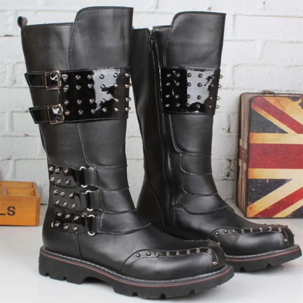 Stiefel Männer echte Lederstiefel Schädel Schädel Gothic Punk Boots Motorradstiefel Männer Militärische taktische Kampfstiefel Männer Knöchel Grundstiefel