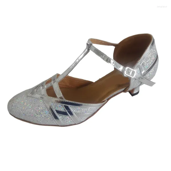 Tanzschuhe mit individuellem Absatz für Damen, geschlossener Zehenbereich, Ballsaal, Abend, Party, moderne Hochzeit, lateinamerikanische Salsa, silberfarbener funkelnder Oberschuh