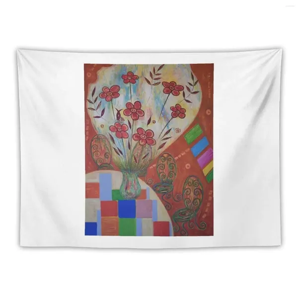 Wandteppiche Matisse Blumenvase.Blätter.Farbige Quadrate.Orange Rot.Wandteppich, Heimdekoration, Raumdekoration